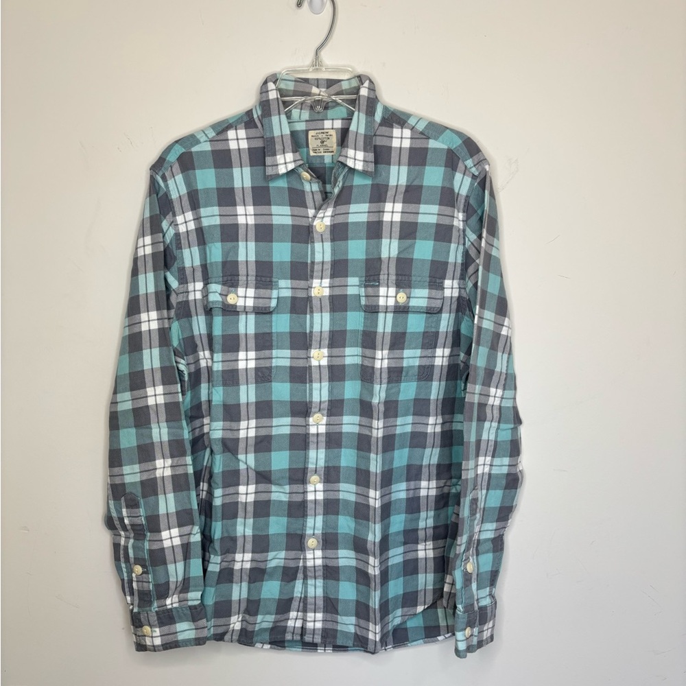 BN5 J. Crew Men’s Rustic Twill Flannel Plaid Button Down Shirt Blue Gray Medium